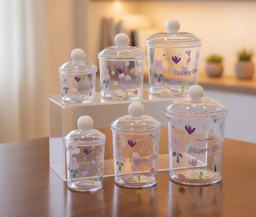 طقم برطمانات أكريليك شفاف 3 قطع بمقاسات مختلفة لتنظيم الكوفي كورنر وتخزين السكر والقهوة.