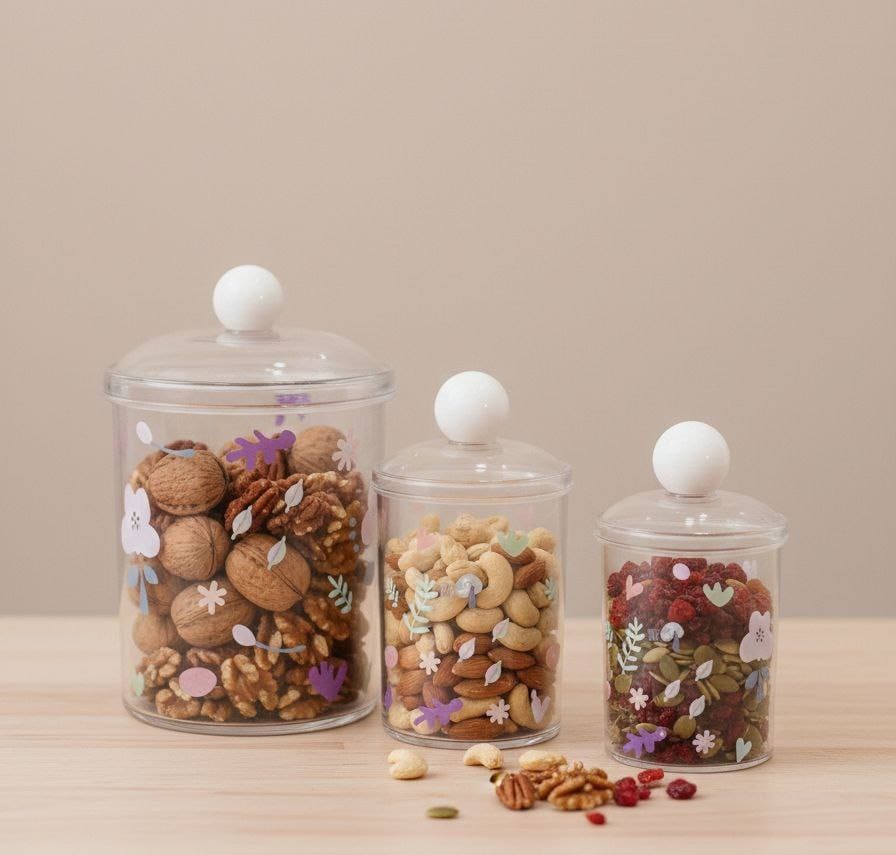 طقم برطمانات أكريليك شفاف 3 قطع بمقاسات مختلفة لتنظيم الكوفي كورنر وتخزين السكر والقهوة.