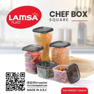 طقم 5 علب بلاستيكية مربعة بمقاسات مختلفة لتخزين البقوليات والمكرونة وتنظيم دواليب المطبخ.